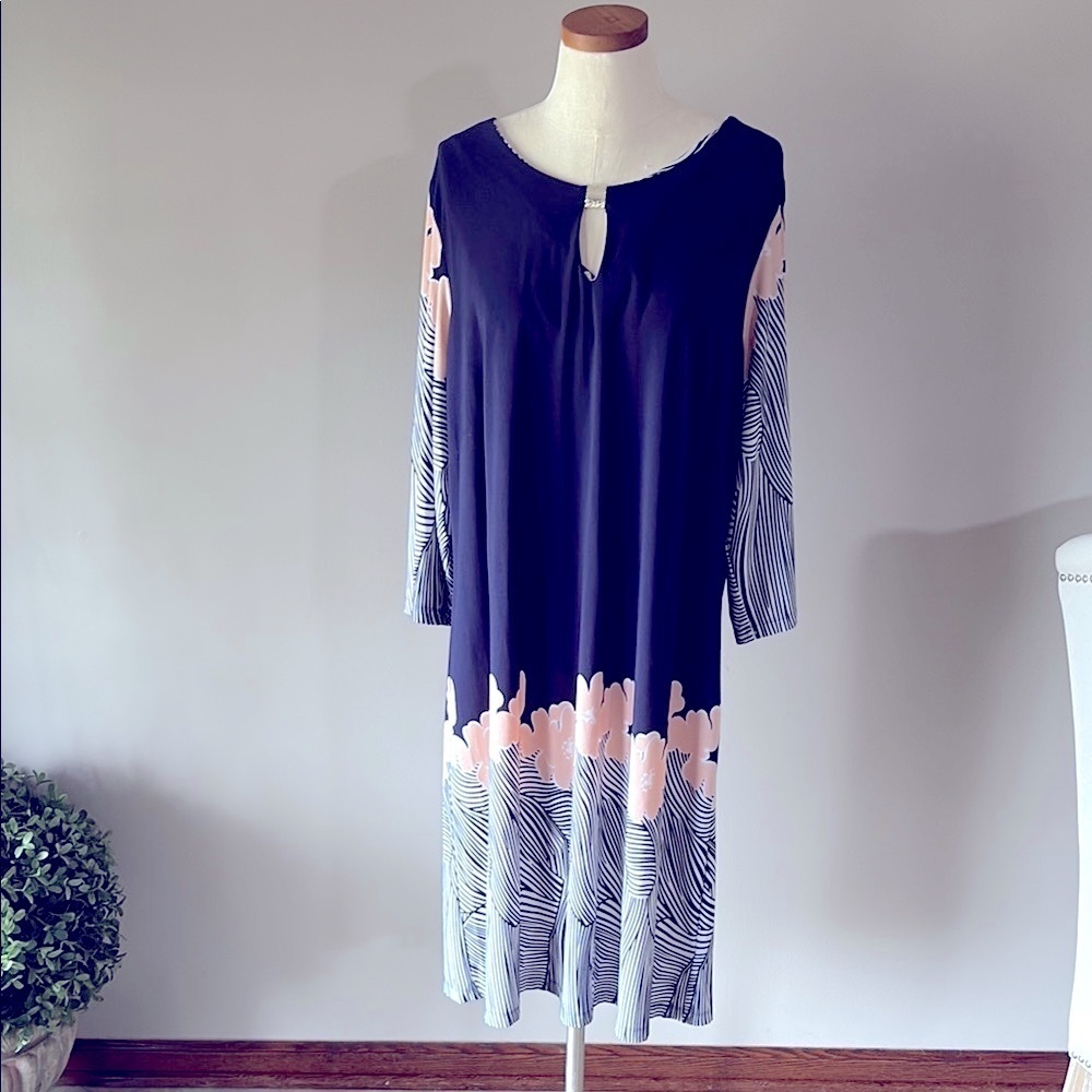 ILE New York Floral solid block Jersey shift Dress embellished neck 3/4 slv 18W